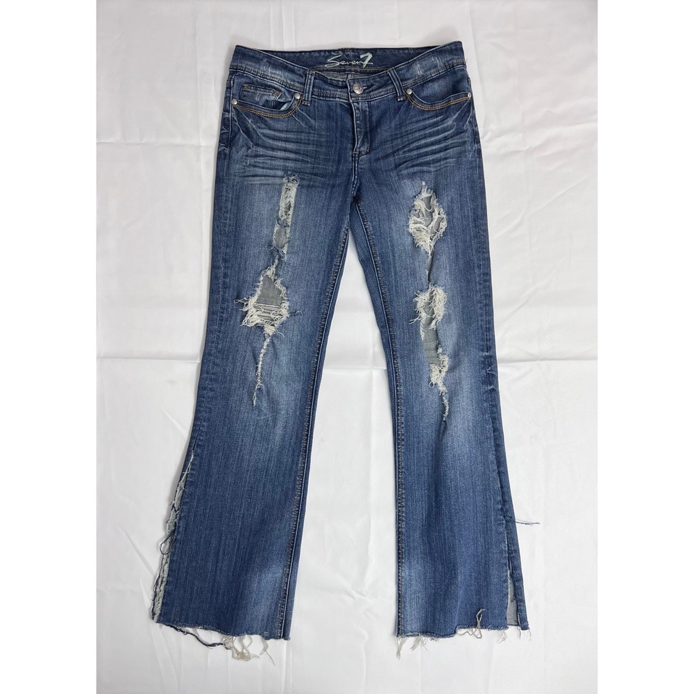 Seven7‎ Distressed Bootcut Jeans Womens Size 30 Medium Wash Split Raw Hem Y2K